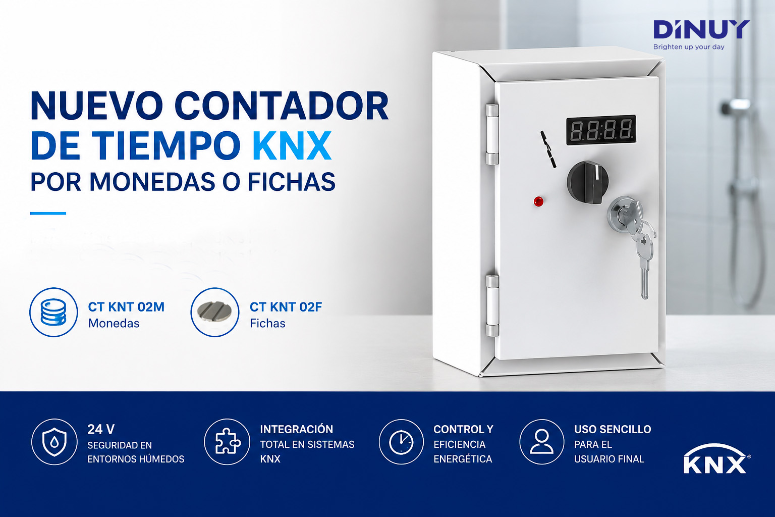 Contadores de Tiempo KNX por monedas o fichas para instalaciones inteligentes y seguras DINUY